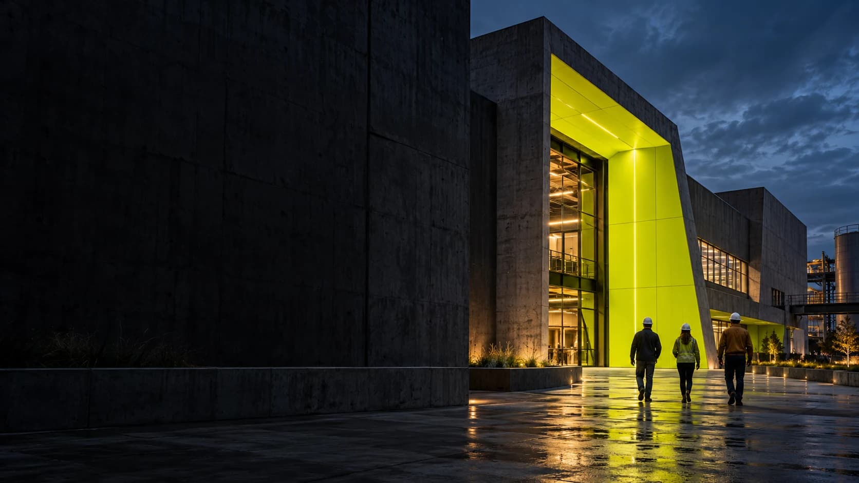 Illustrative industrial architecture with a chartreuse entrance and people walking toward it